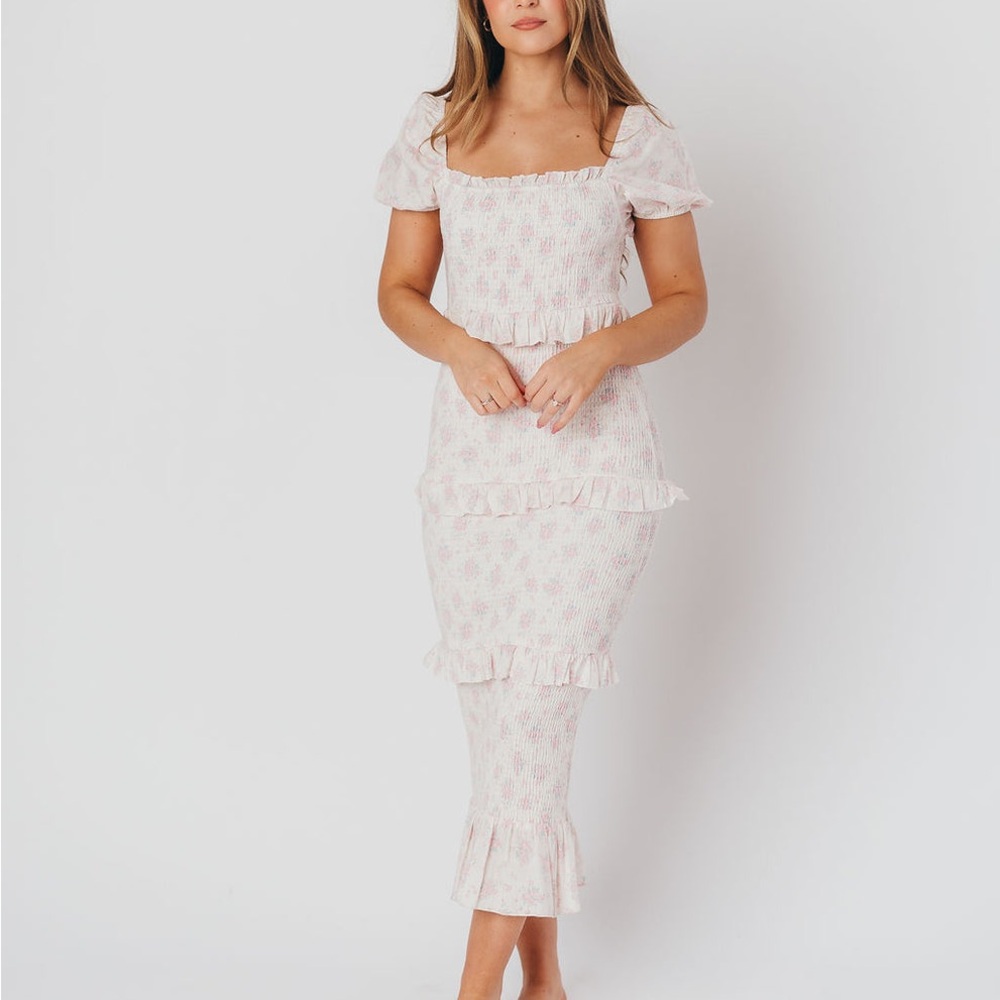 Pink floral ruched ruffle midi dress square neck